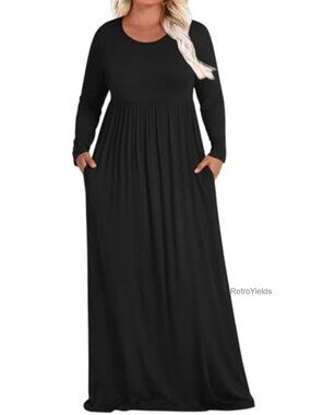 Plus Size Maxi Dress Long Sleeve Round Neck Pockets Casual Fall